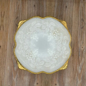 Vintage Anchor Hocking White Milk Glass Grapevine Fruit Bowl Dish with Gold trim
